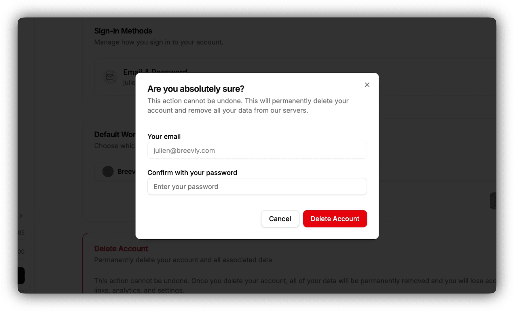 Delete account dialog