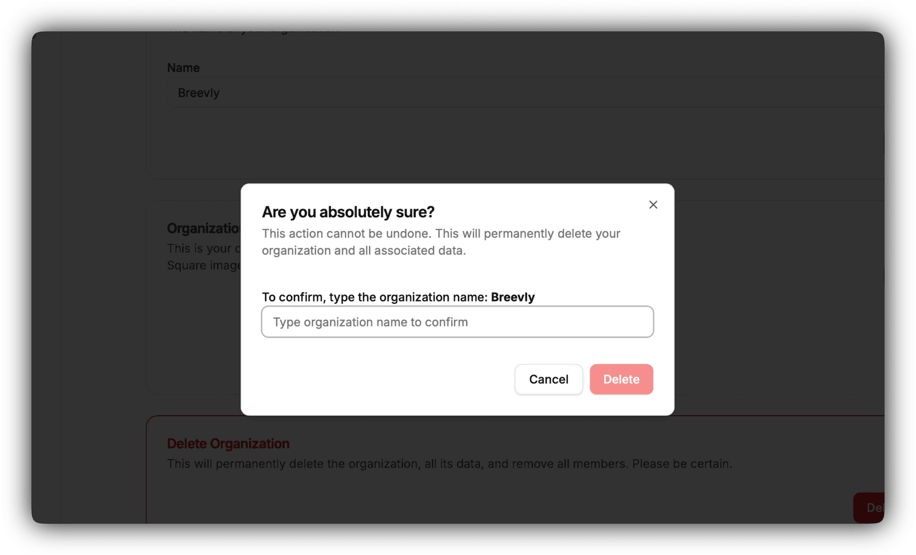 Organization delete dialog
