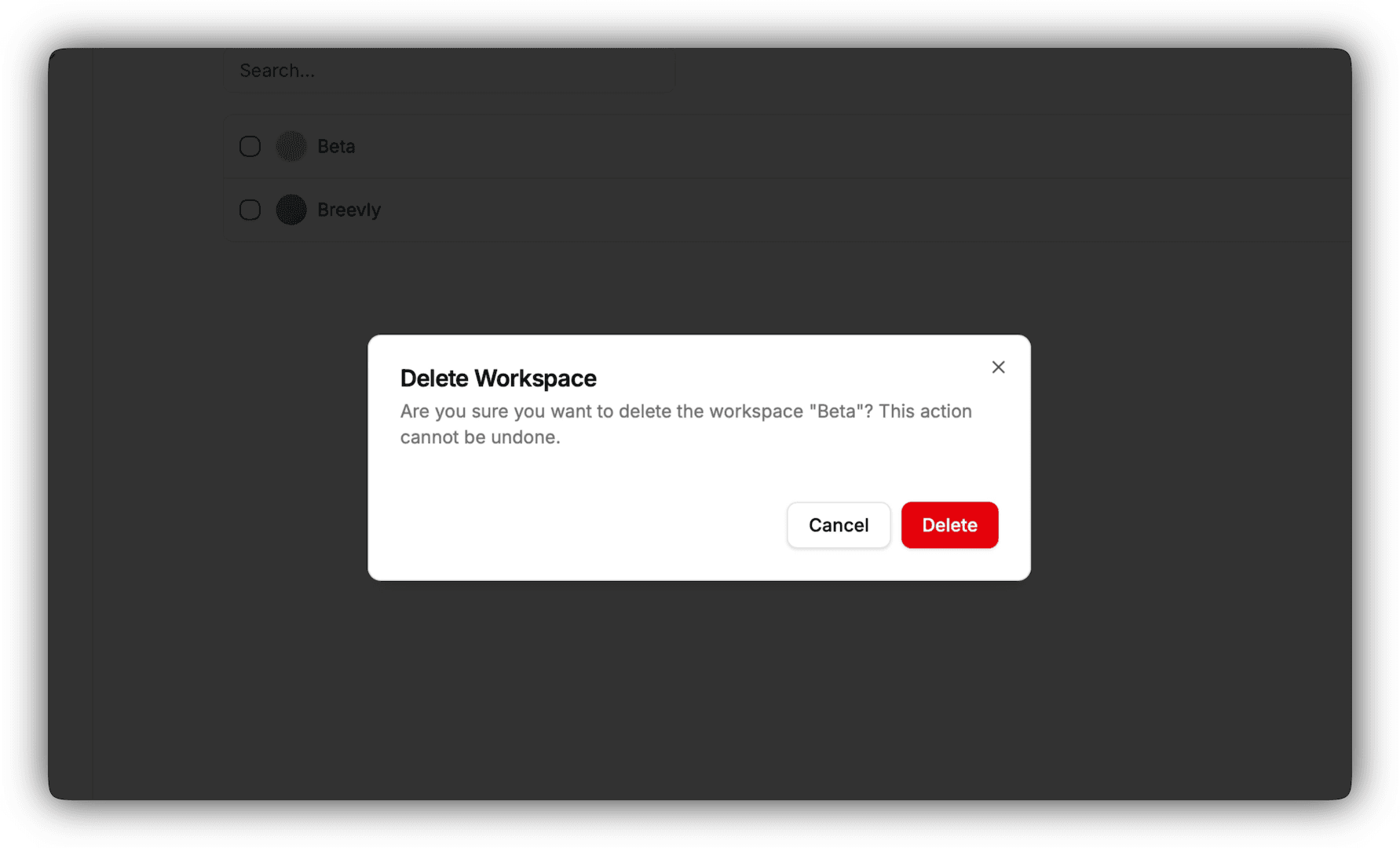 Workspace delete action dialog