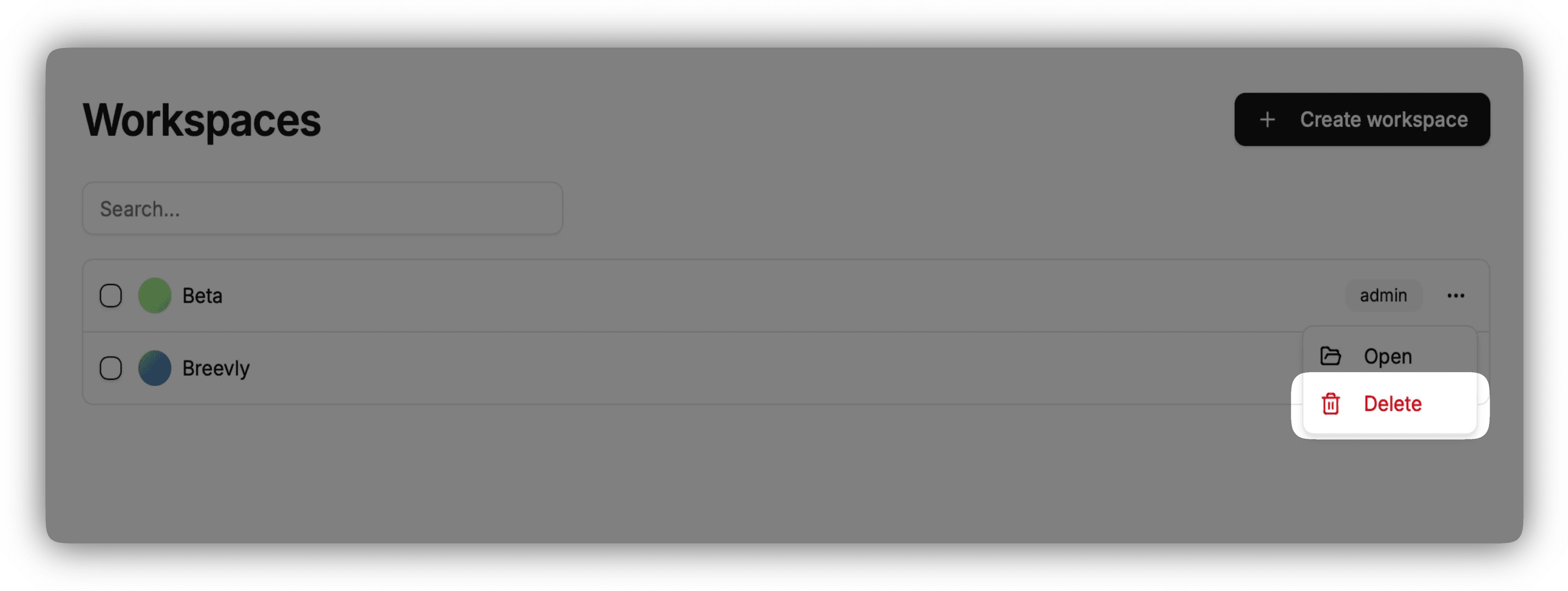 Workspace delete action