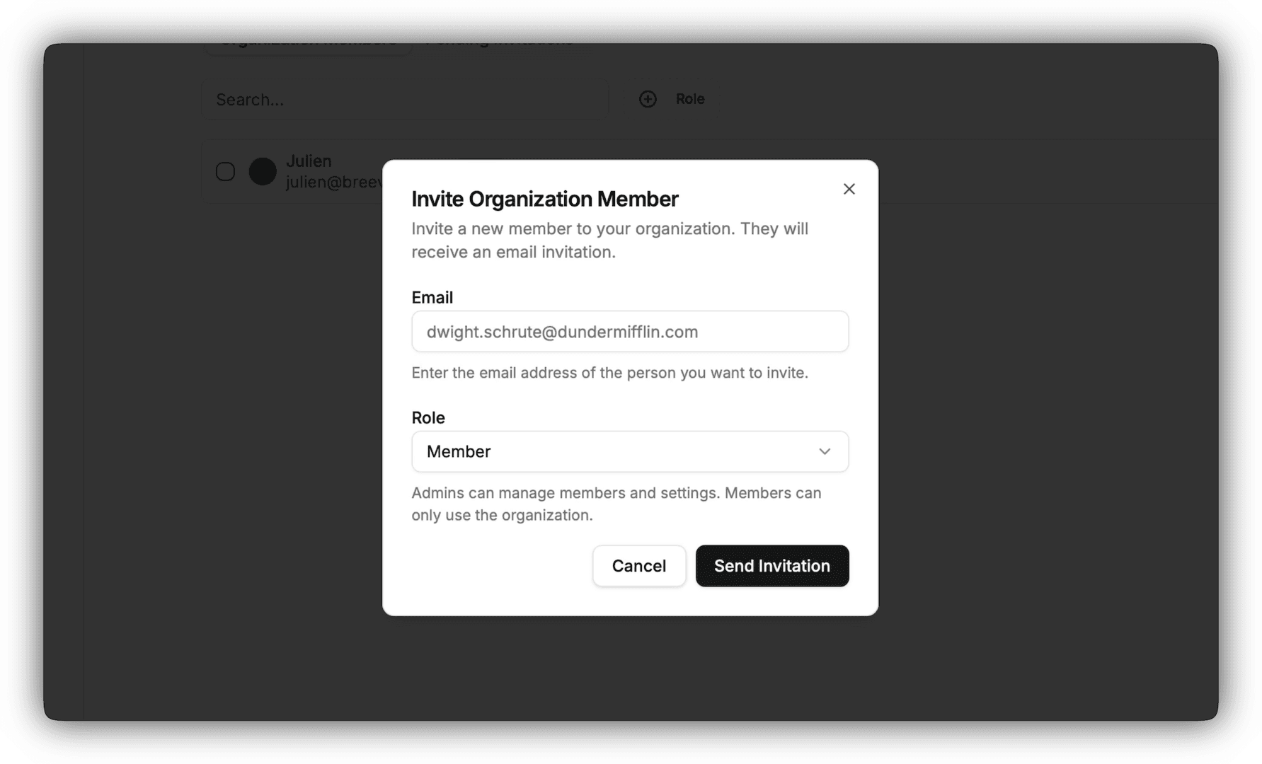 Invite member dialog