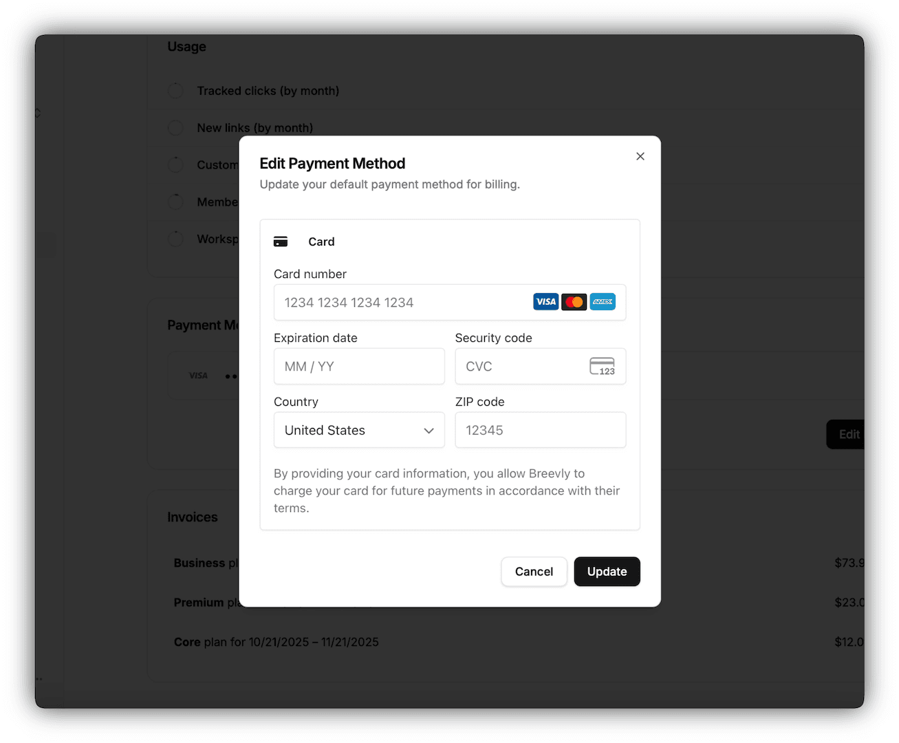 Payment methode dialog